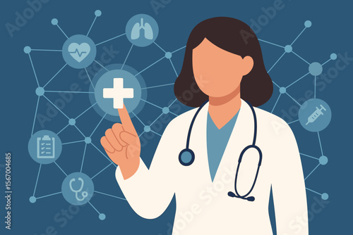 Medical technology network with doctor touching virtual interface. Healthcare innovation, digital health, telemedicine, online medicine, futuristic connection. Science vector illustration.