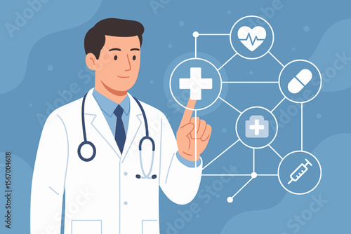 Doctor touching virtual screen interface. Medical technology network concept. Telemedicine, online consultation, healthcare innovation. Digital health, patient data, E-health. Vector.