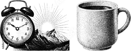 Morning routine essentials with vintage alarm clock, coffee mug, and sunrise illustration