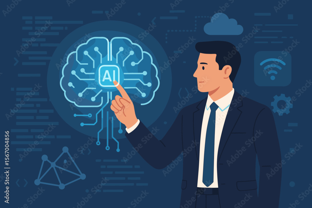 Businessman Interacting with Artificial Intelligence Brain, Machine Learning, Data Technology, IoT, Coding Interface, Digital Innovation, Neural Network, Futuristic Tech Concept Businessman Interacting with Artificial Intelligence Brain, Machine Learning, Data Technology, IoT, Coding Interface, Digital Innovation, Neural Network, Futuristic Tech Concept