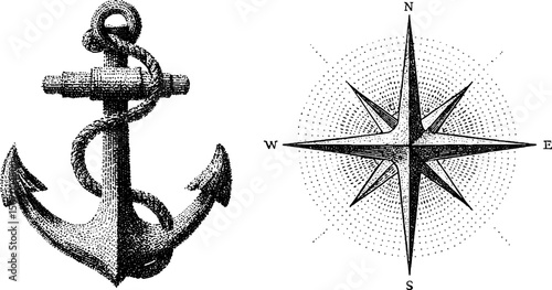 Vintage nautical anchor and compass dotwork design for tattoos and art