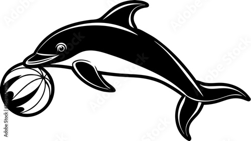 Dolphin playing with a beach ball in black and white illustration  