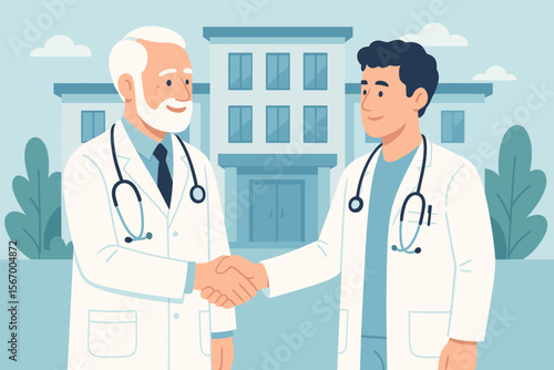 Senior and Junior Doctors Shaking Hands Outside Hospital, Medical Partnership, Teamwork, Mentorship, Healthcare Professionals, Stethoscope, Collaboration, Modern Flat Vector Illustration