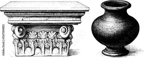 Vintage hand drawn ancient plaza threshold and forgotten urn illustration for retro design