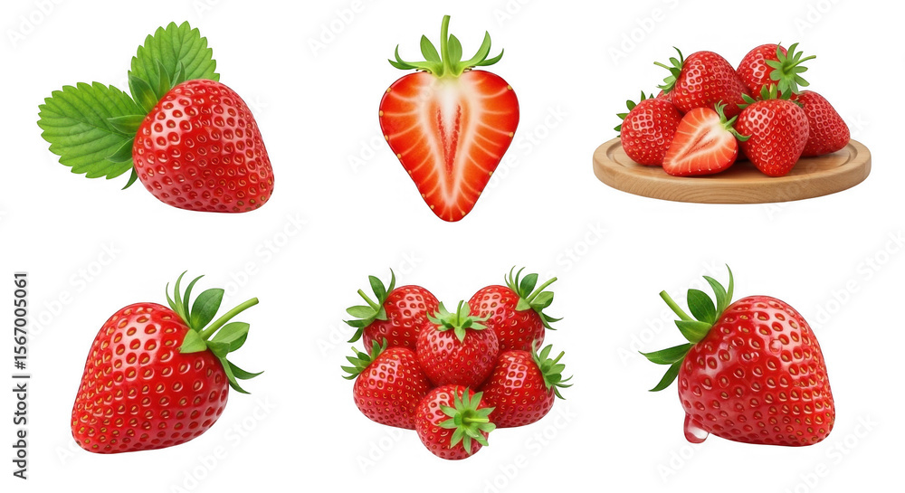 Fresh and Juicy Strawberries with Green Leaves and Sliced Strawberry on a Wooden Plate, isolated on a transparent background Fresh and Juicy Strawberries with Green Leaves and Sliced Strawberry on a Wooden Plate, isolated on a transparent background