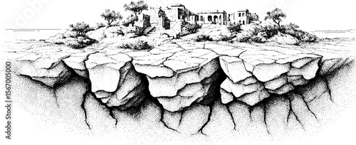 Ancient ruins with cracked earth and moss details for historical illustrations
