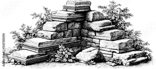 Ancient ruins with cracks and moss - vintage hand drawn engraving for retro design