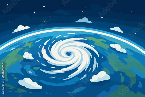 Swirling Cyclone Over Earth From Space, Atmospheric Storm System, Blue Planet, Satellite View, Night Sky, Vector Illustration, Weather Disaster, Global Climate, Clouds, Outer Space, Environment