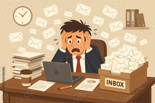 Overwhelmed Office Worker Stressed by Overflowing Email Inbox, Cluttered Desk, Paperwork, Deadlines, Business Burnout, Corporate Stress, Cartoon Vector Illustration