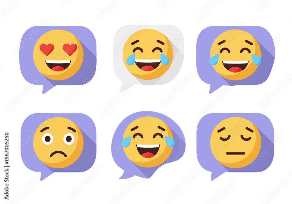 Fototapeta premium Various Yellow Emoji Faces Expressing Different Emotions in Speech Bubbles.
