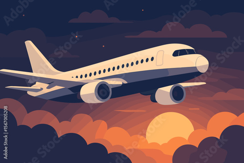 Commercial passenger airplane flying above clouds at sunrise or sunset. Concept for aviation, air travel, vacation, journey, transportation. Modern flat vector graphic illustration.