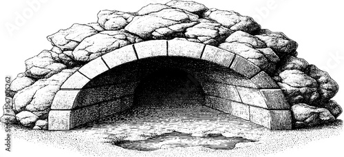 Vintage arched tunnel entrance with dripping ceiling illustration for design and decor