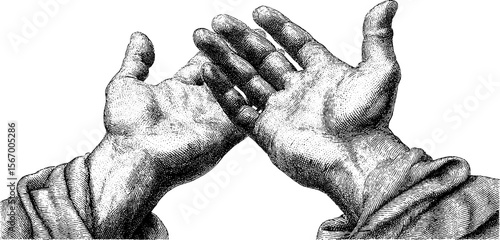 Vintage hand drawn engraving of raised arms with loose fabric