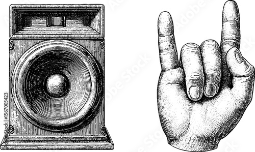 Vintage bass speaker and hand silhouette with rock gesture - retro music illustration