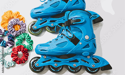 "rollerblades and scrunchies, nostalgic 90s style, white background"generative ai
