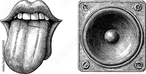 Vintage sketch of glitch tongue and bass speaker for retro music design