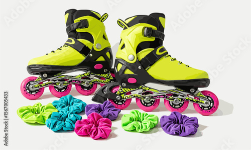 "rollerblades and scrunchies, nostalgic 90s style, white background"generative ai
