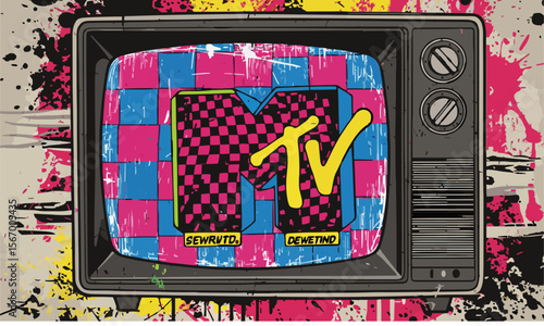 "MTV logo style TV and checkerboard pattern, grunge pop vector"generative ai
