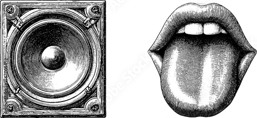Vintage sketch of bass speaker and glitch tongue for retro design concepts