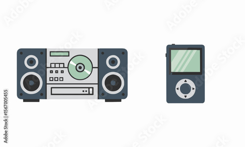 "CD player and mp3 icons, early internet era, flat vector on white"generative ai
