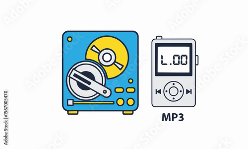 "CD player and mp3 icons, early internet era, flat vector on white"generative ai
