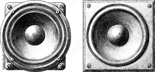 Vintage bass speakers sketch silhouette engraving for retro design and decoration