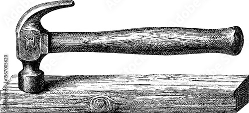 Vintage hand drawn hammer woodcut with bent nails and wooden plank for retro design
