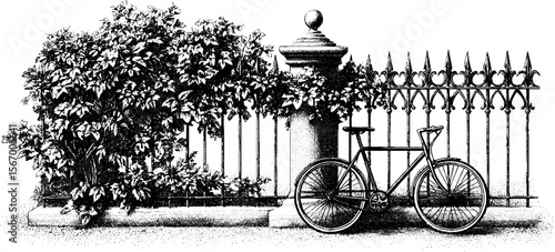 Vintage bicycle by iron fence with creeping ivy - retro design for posters and prints