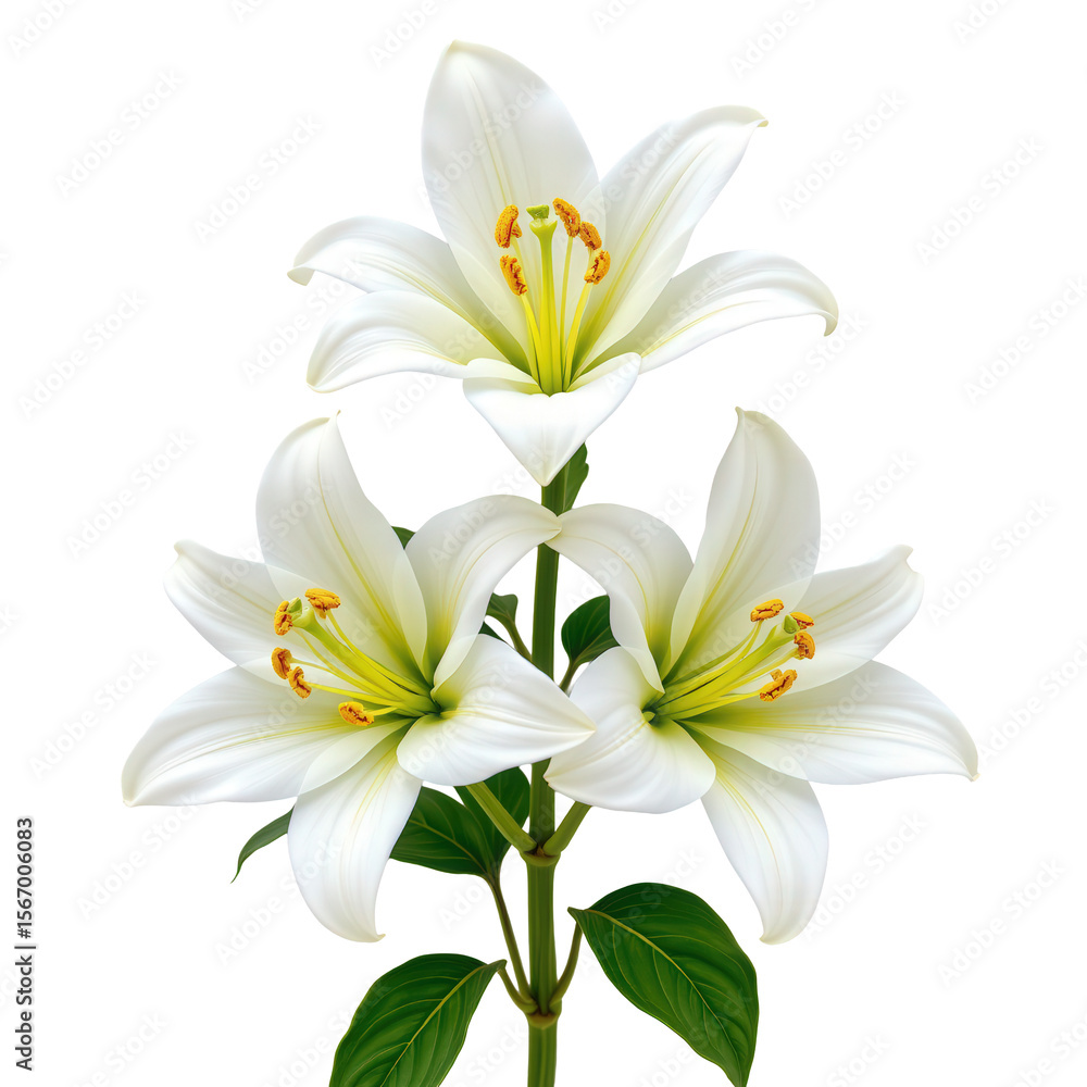 Elegant white lilies in full bloom showcasing delicate petals and vibrant green leaves against a pure background Elegant white lilies in full bloom showcasing delicate petals and vibrant green leaves against a pure background