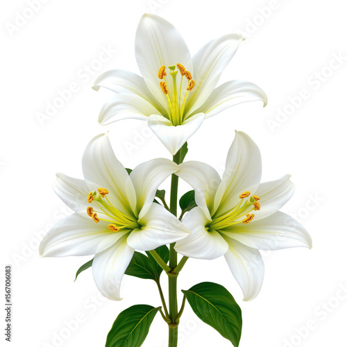 Elegant white lilies in full bloom showcasing delicate petals and vibrant green leaves against a pure background