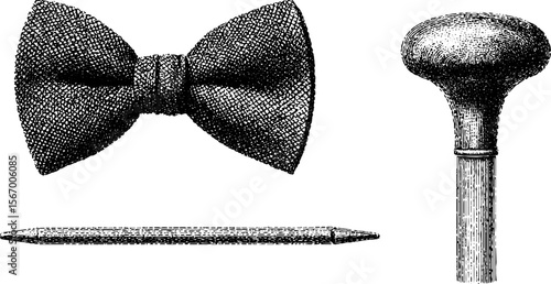 Vintage gentleman accessories: bowtie, monocle, and walking cane sketch