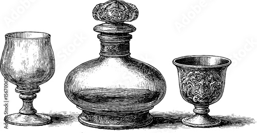 Vintage brandy decanter set with crystal stopper and glasses - retro engraved design