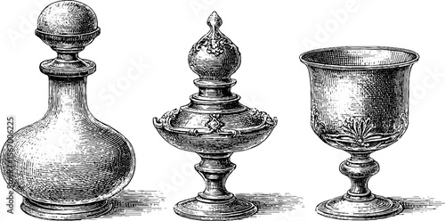 Vintage brandy decanter set with crystal stopper and goblet illustration for retro design