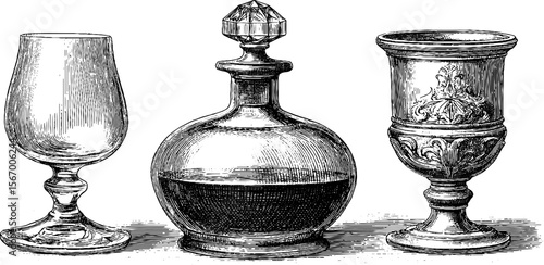 Vintage brandy decanter with crystal stopper and distinctive glassware for elegant retro display