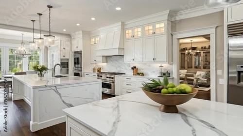 Modern kitchen design ideas: white cabinets, marble countertops, island, and open concept layout style