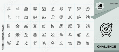 Challenge icon set. Vector outline icons collection. Strategy icon. Contains related to success, exam, performance, difficulty, strategy, achievement, development and more.