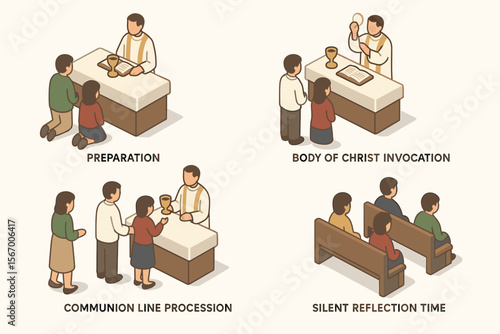 Cartoon illustration of catholic communion process for asian congregation vector icon isolated illustration