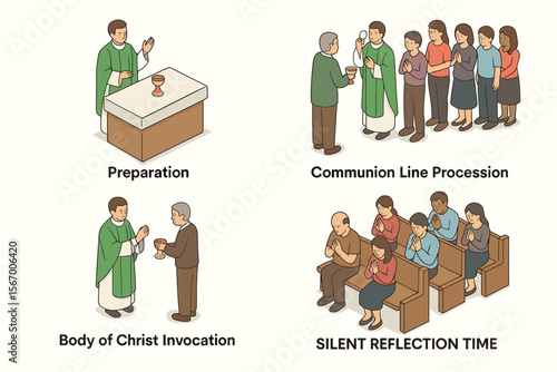 Illustrated catholic mass sequence: preparation, communion, reflection vector icon isolated illustration