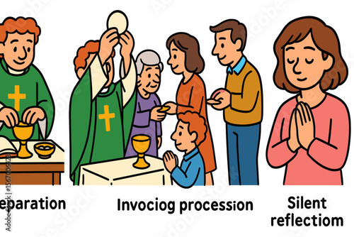 Catholic mass sequence with priests and congregation vector icon isolated illustration