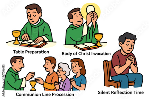 Catholic mass rituals cartoon illustration with diverse participants vector icon isolated illustration