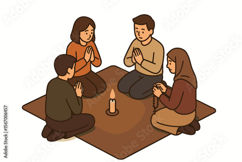 Four people praying around candle - mixed gender, asian, young adults vector icon isolated illustration