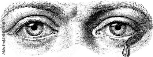 Vintage hand drawn illustration of tearful eyes with broken mirror elements