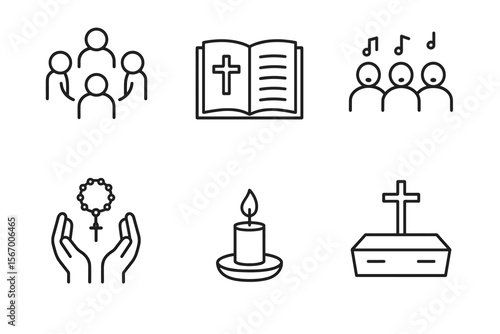 Religious symbols: community, bible, choir, rosary, candle, coffin vector icon isolated illustration
