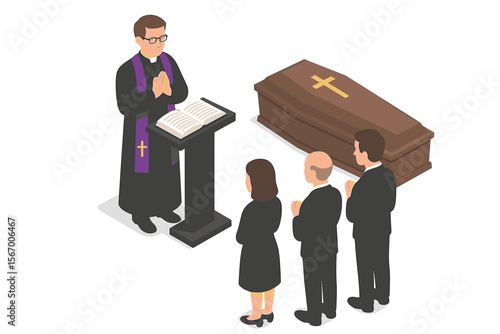 Minister leading funeral service with three mourners and coffin vector icon isolated illustration