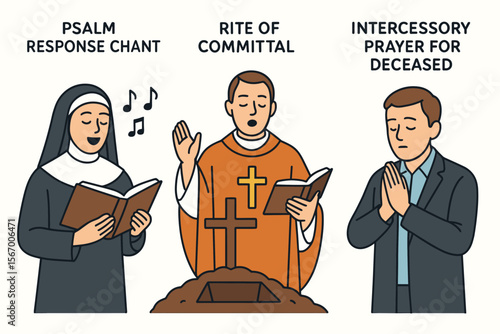 Christian funeral rituals: chant, rite, prayer with caucasian adults vector icon isolated illustration