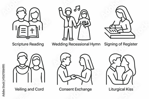Wedding ceremony symbols - scripture, hymn, register, veiling, consent, kiss vector icon isolated illustration