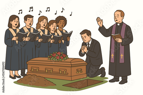 Funeral ceremony with choir and priest vector icon isolated illustration