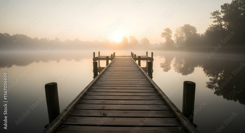 Fototapeta premium Sunrise over misty lake pier