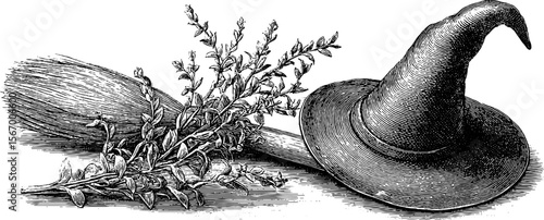 Vintage witch hat, broom, and herb sketch for halloween design