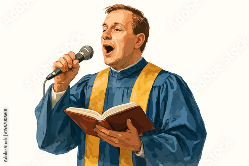Male caucasian adult choir singer in blue and gold robe singing with microphone vector icon isolated illustration